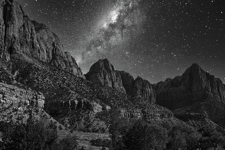 Galaxy Zion National Park Black White  Photograph by Chuck Kuhn