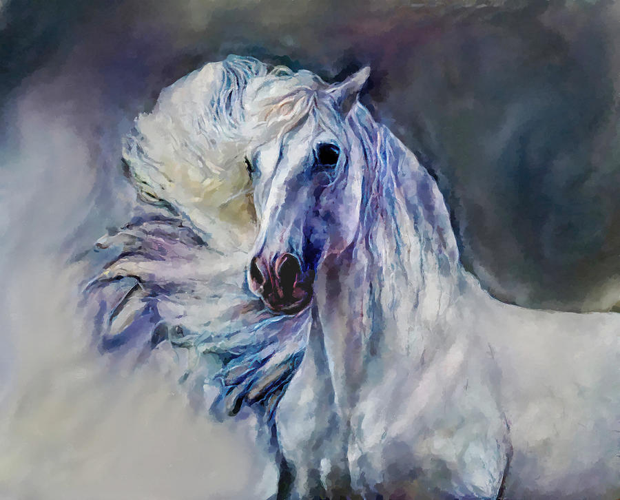 Galloping White Horse Portrait Mixed Media by Sandi OReilly