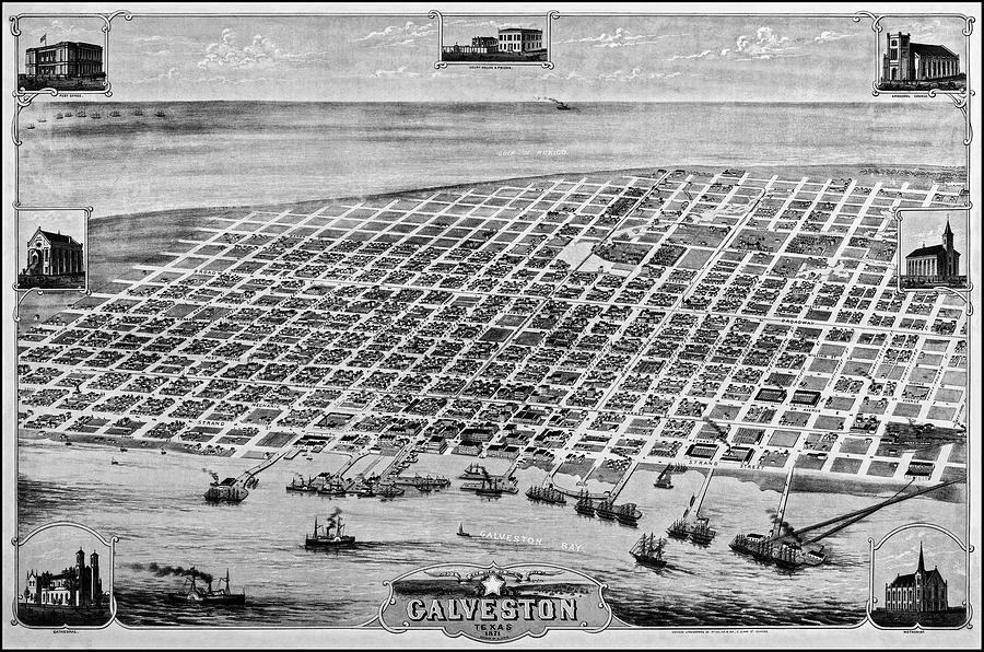 Texas Map Photograph - Galveston Texas Vintage Map Birds Eye View 1871 Black and White  by Carol Japp
