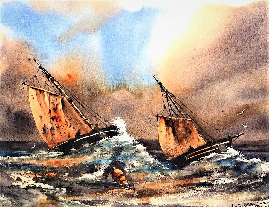 Galway Hookers Racing Painting by Val Byrne