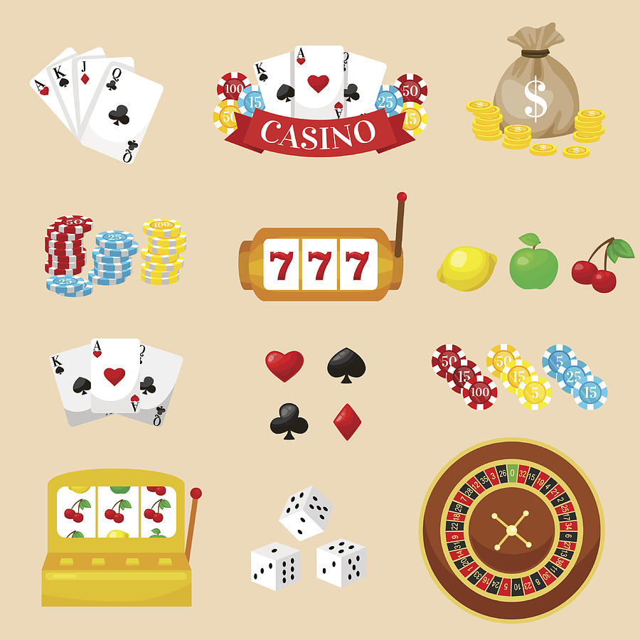 Gambling pictograms set. Deck of cards and casino, playing poker Drawing by AnnaSqBerg