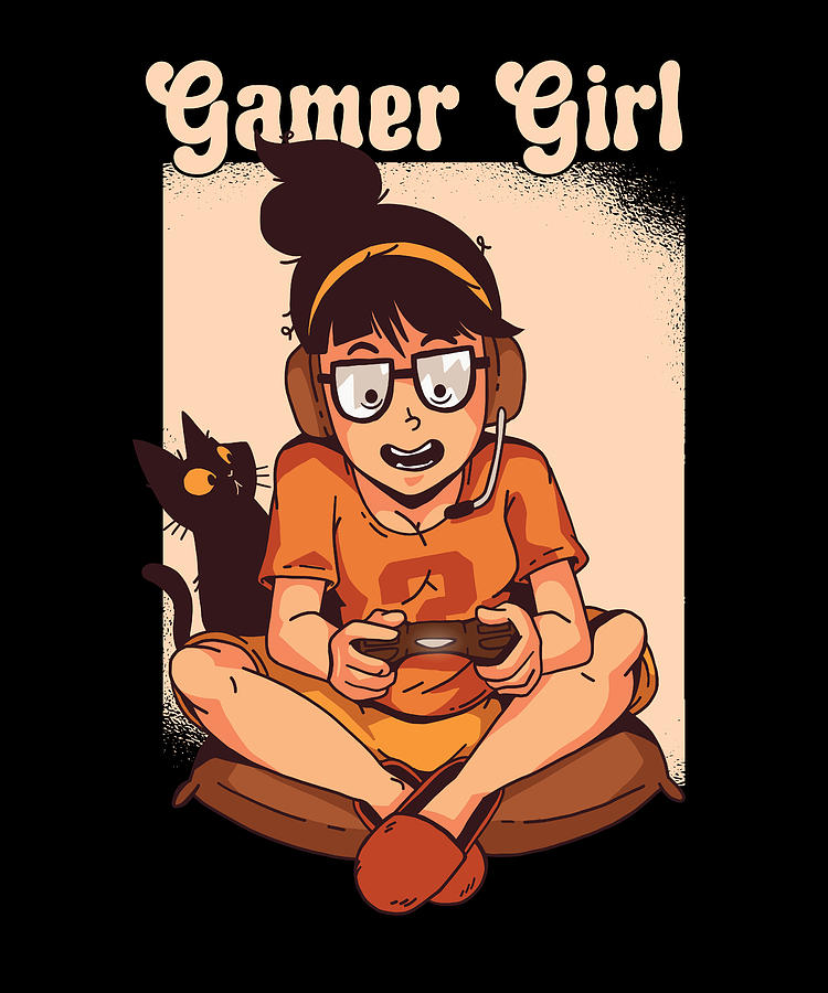 Gamer Girl With Cat Video Game Gaming Controller Digital Art by Fuzius ...