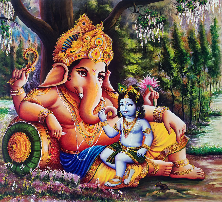 Ganesha And Krishna Together In A Forest Painting by Asp Arts