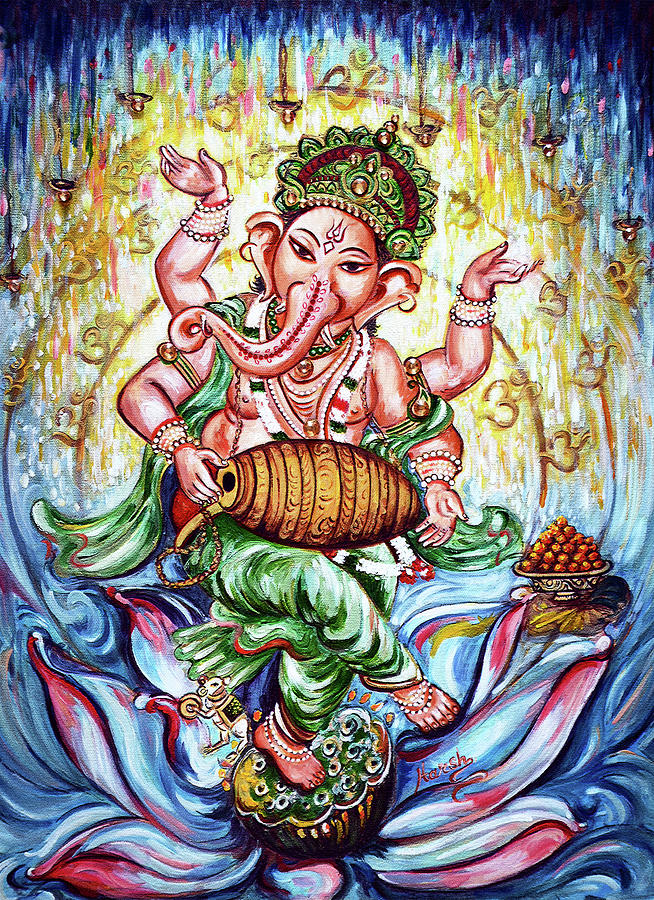 Ganesha Dancing and Playing Mridang Painting by Harsh Malik