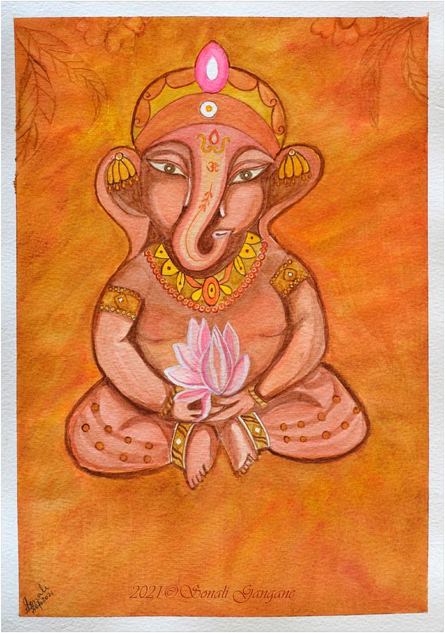 Ganesha Holding A Lotus Painting