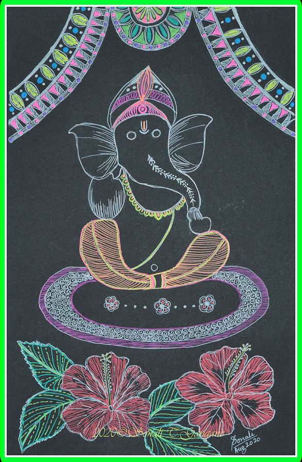 Ganesha with Hibiscus flowers Drawing by Sonali Gangane
