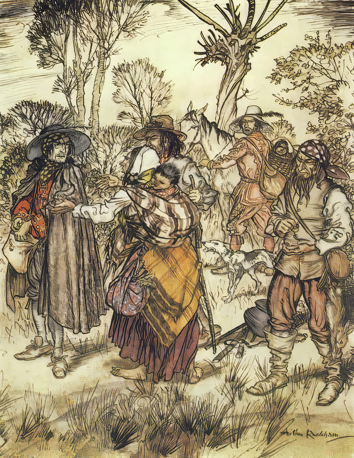 British Drawing - Gang of Gypsies from Compleat Angler 1931 by Arthur Rackham