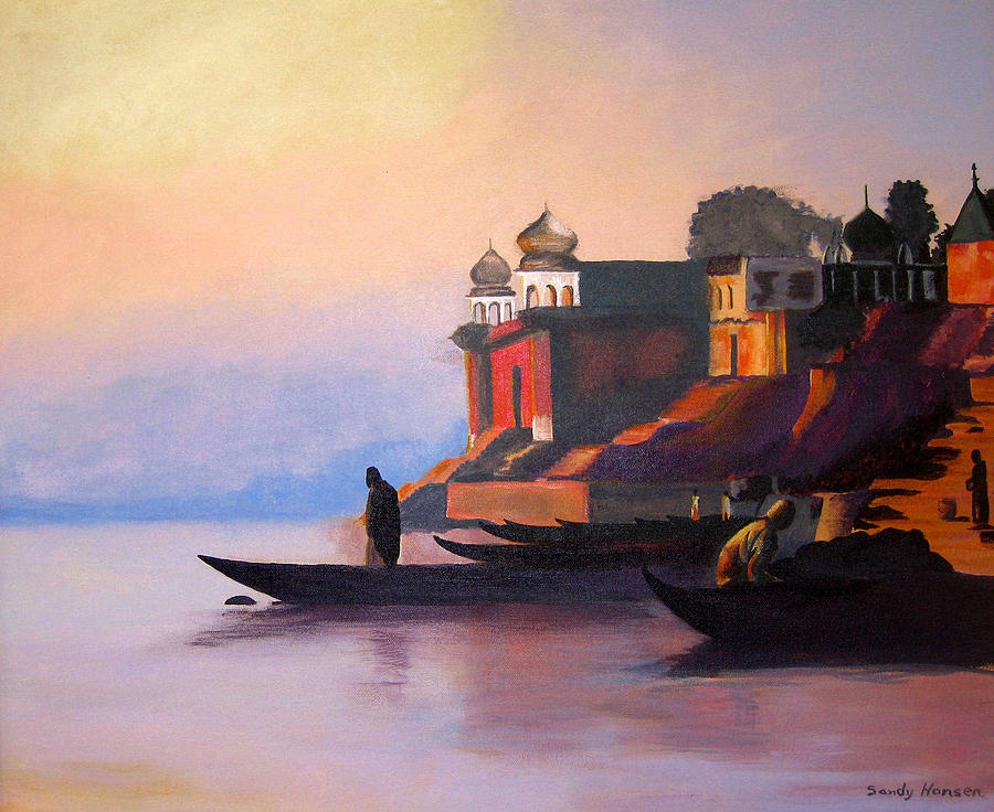 Boat Painting - Ganges at Dawn by Art Nomad Sandra  Hansen