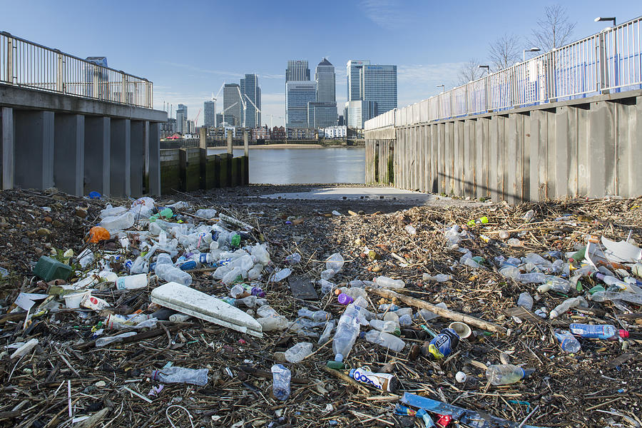 Garbage washed up by the tide opposite a skyline of International Banks, London Photograph by Anthony John West