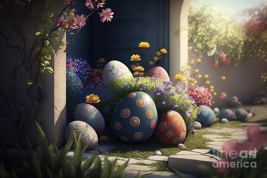 Easter Digital Art - Garden Adventure, Photorealistic Easter Egg Hunt in a Spring Wonderland by Jeff Creation