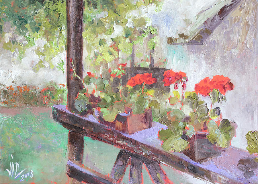 Garden bench with red geranimus painting bu Vali Irina Ciobanu Painting by Vali Irina Ciobanu