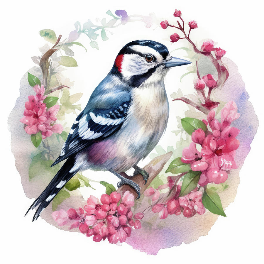 Garden Bird 01 Downy Woodpecker Watercolor Style Digital Art by Matthias Hauser