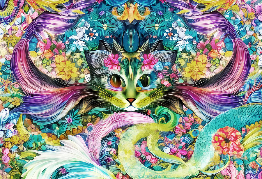 Cat Digital Art - Garden Cat Floral Design For Cat Lovers by Two Hivelys