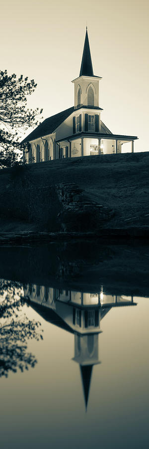 Garden Chapel Reflections At Dusk - Vertical Sepia Panorama Photograph by Gregory Ballos
