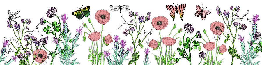 Garden Flowers Dragonflies And Butterflies Botanical Art Watercolor  Painting by Irina Sztukowski