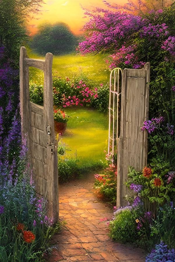 Garden Gate No1 - country garden rustic gate Digital Art by Bonnie Bruno