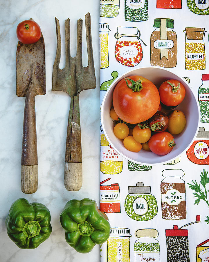 Garden Implements with Tomatoes and Green Peppers Photograph by Rebecca Cozart