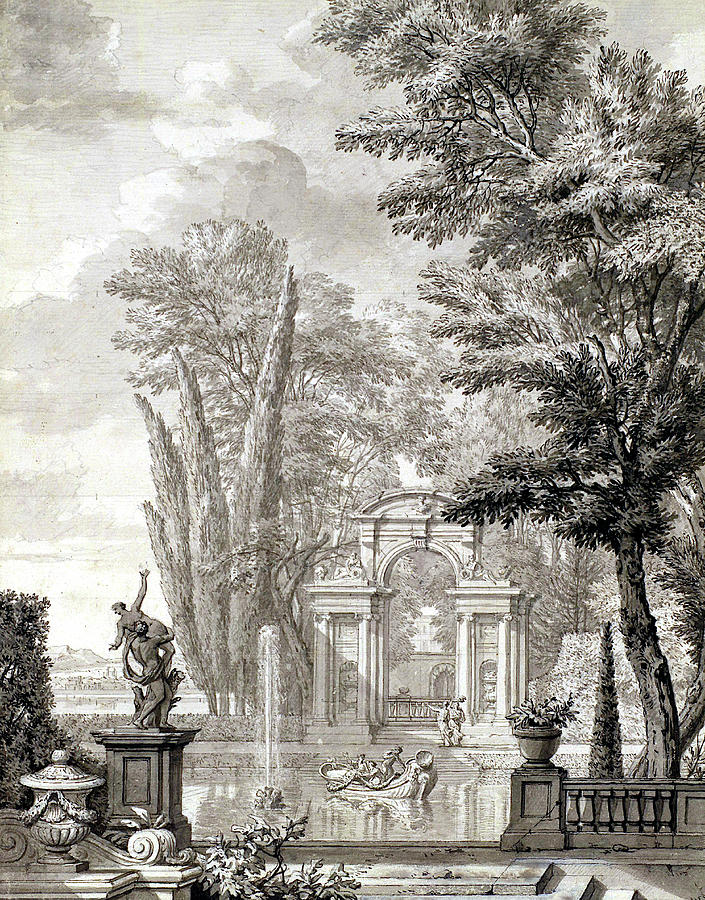 Garden Landscape With Architecture Drawing