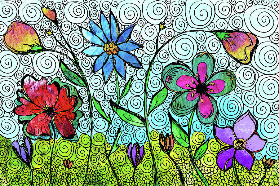 Garden Medley Colorful Hand Drawn Flower Art Painting by Sharon Cummings Garden Medley Colorful Hand Drawn Flower Art Painting by Sharon Cummings
