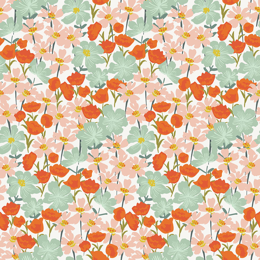 Garden Of Beautiful Hand-drawn Flowers In Pink, Orange, And Mint On White Background. Floral Seamless Illustration Pattern. Drawing