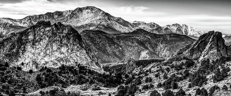 Garden of the Gods and Pikes Peak Rustic Monochrome Mountain Landscape Photograph by Gregory Ballos
