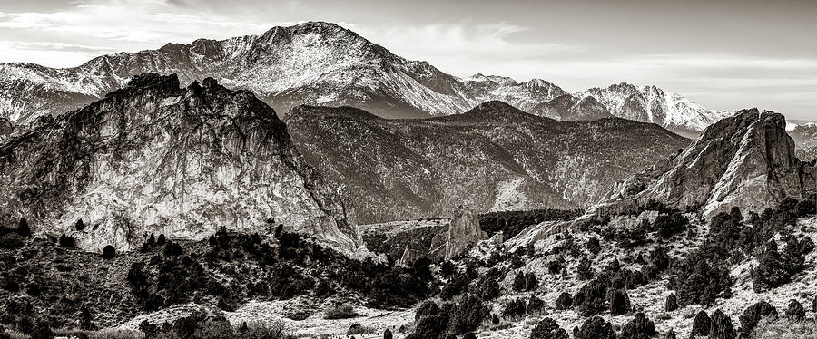 Garden of the Gods and Pikes Peak Rustic Sepia Mountain Landscape Photograph by Gregory Ballos