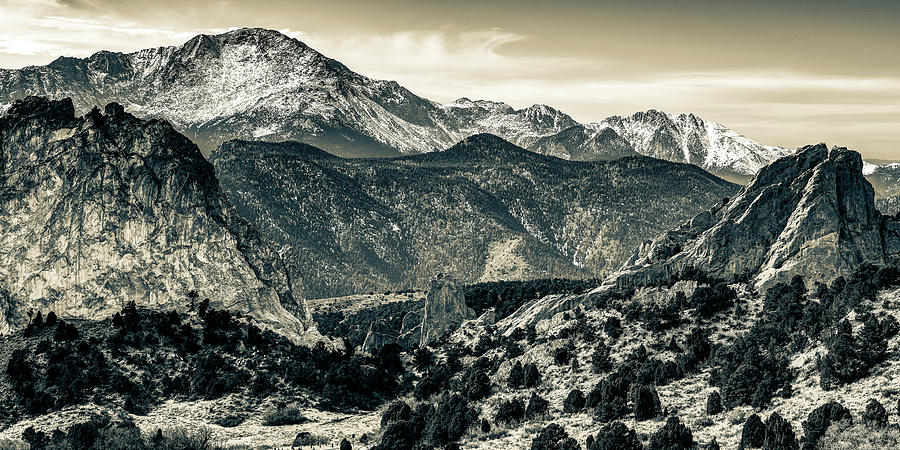 Garden of the Gods and Pikes Peak Sepia Panorama - Colorado Springs Photograph by Gregory Ballos