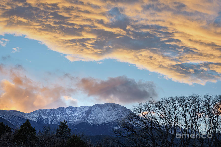 Garden of the Gods Blue hour sunset with views of snow dusted Pikes Peak Photograph by Abigail Diane Photography