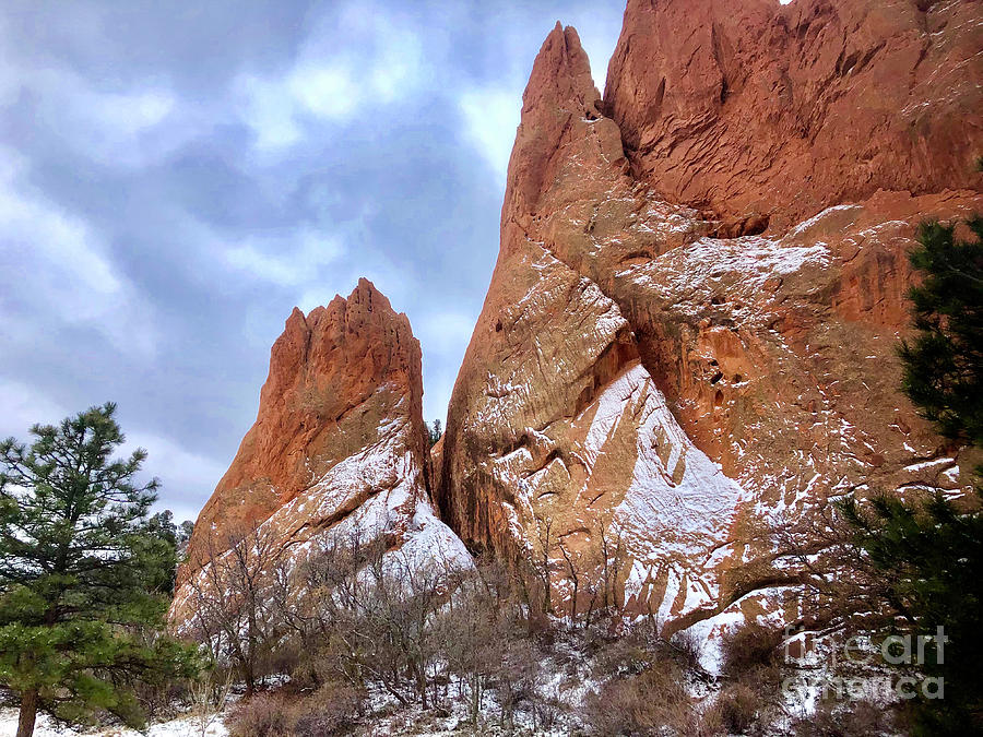 Garden of the Gods rock formation with a dusting of snow.   Photograph by Gunther Allen