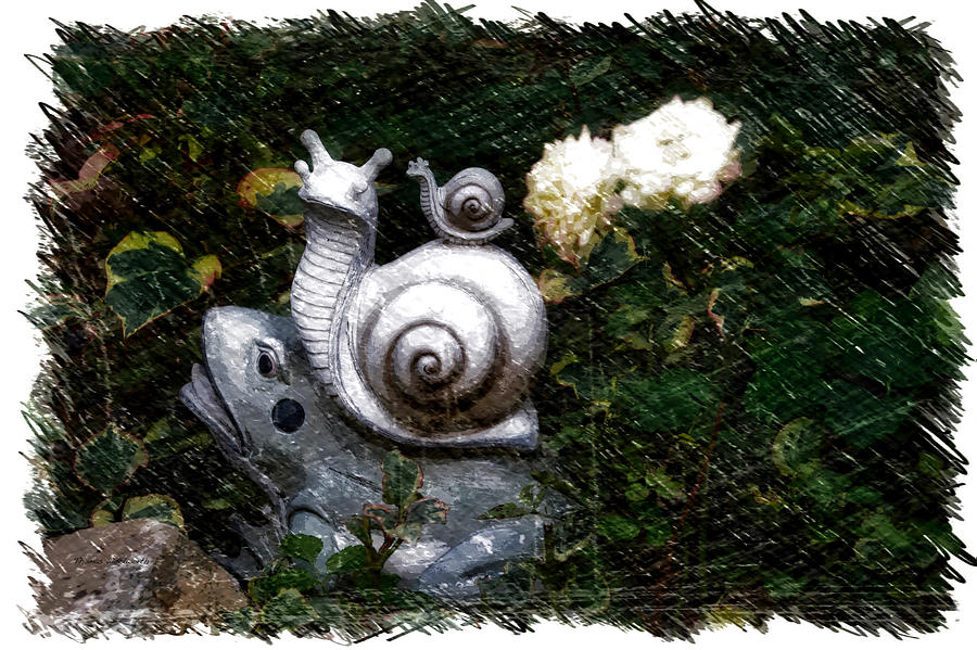 Nature Photograph - Garden Ornament Mr Frog And His Snail Friends PA by Thomas Woolworth