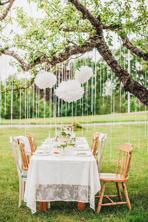 Garden party arrangement with decorations hanging from tree. Photograph by Knape