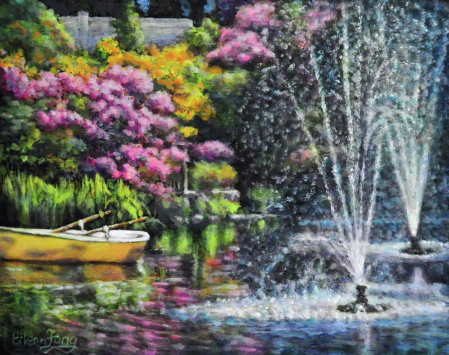Garden Pond with Row Boat and Water Fountains Painting by Eileen  Fong