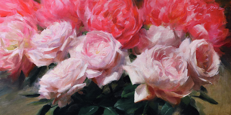 Peonies Painting - Garden Roses and Coral Peonies by Anna Rose Bain