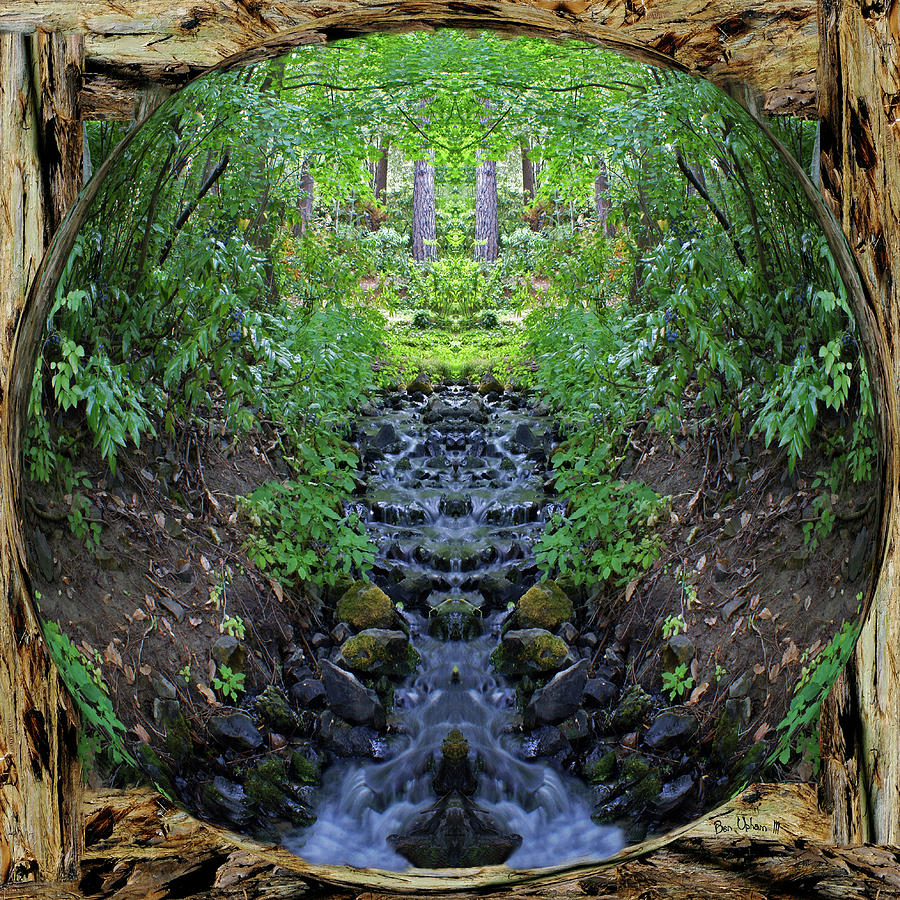 Garden Springs Creek Peace in a Redwood Bark Frame with Overflow Square format Sphereized Photograph by Ben Upham III