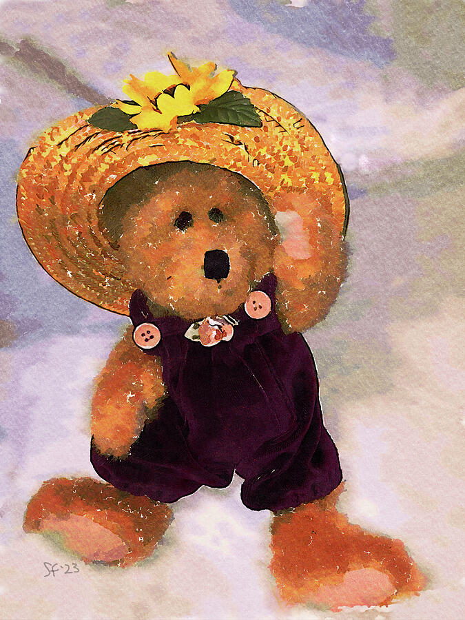 Garden Teddy Bear in Straw Hat Watercolor Painting  Digital Art by Shelli Fitzpatrick