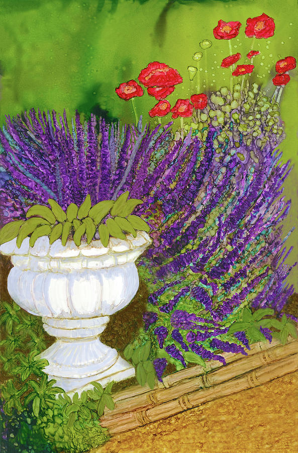 Garden Urn Surrounded By Purple Sage Painting by Deborah League