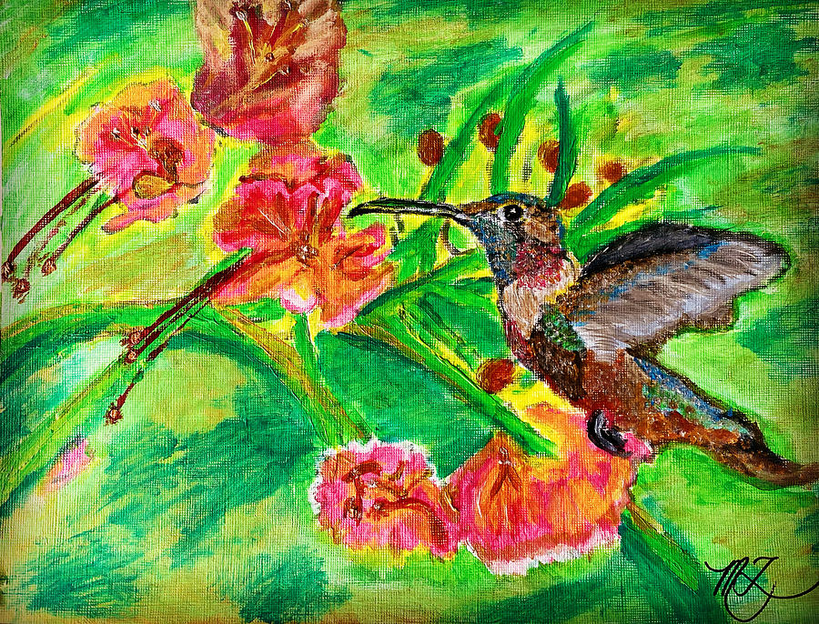 Hummingbird Enjoying Flowers Nectar Painting by Melody Fowler