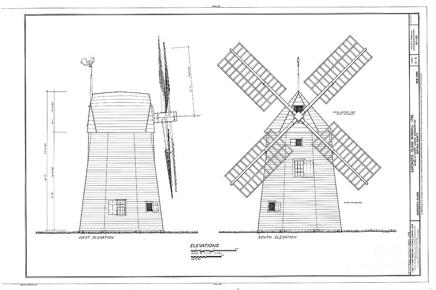 Gardiners Island Windmill Elevations, 1978 Drawing by Kathleen Hoeft