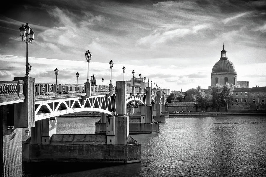 Garonne River Pont Saint Pierre Toulouse France Black and White  Photograph by Carol Japp