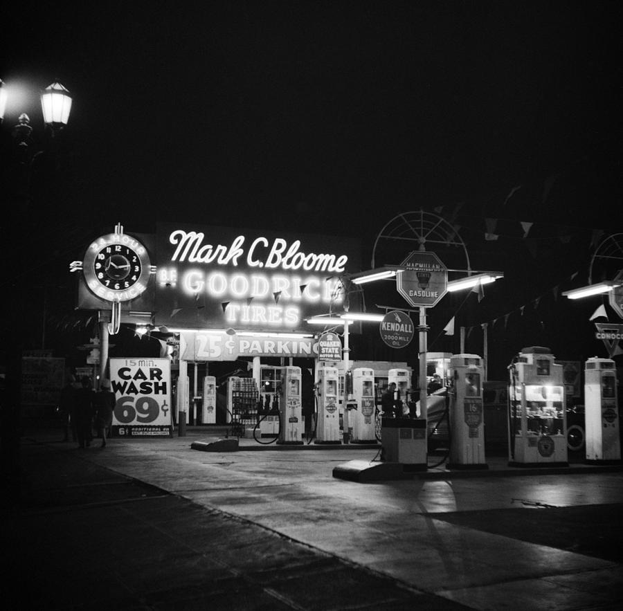 Gas Station At Night - Hollywood California - 1942 Photograph by War Is Hell Store