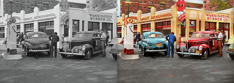 Gas Station - The rush before rationing 1943 - Side by Side Photograph by Mike Savad