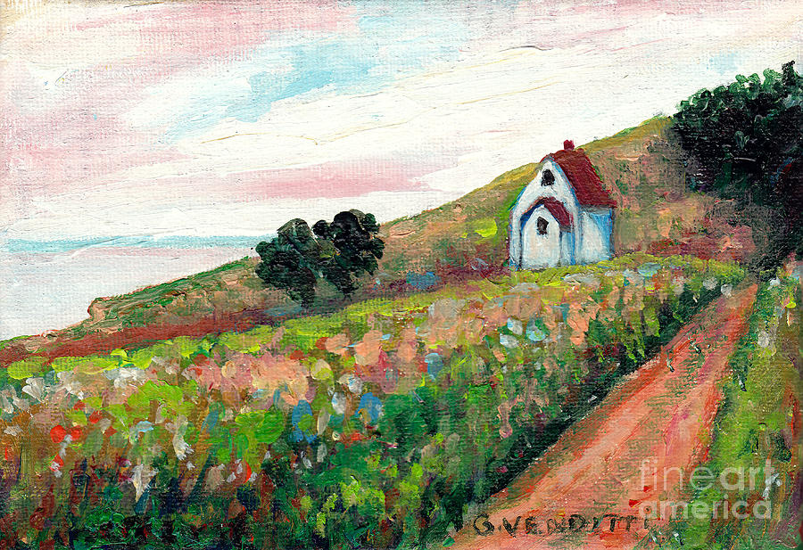  GASPE RURAL ROAD TOWARDSl LITTLE HOUSE WITH RED ROOF GRACE VENDITTI QUEBEC SUMMER SCENE Painting by Grace Venditti