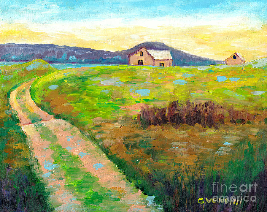 Gaspe Summer Landscape Scene With Beautiful Road Winding Towards Houses Canadian Art Grace Venditti Painting by Grace Venditti