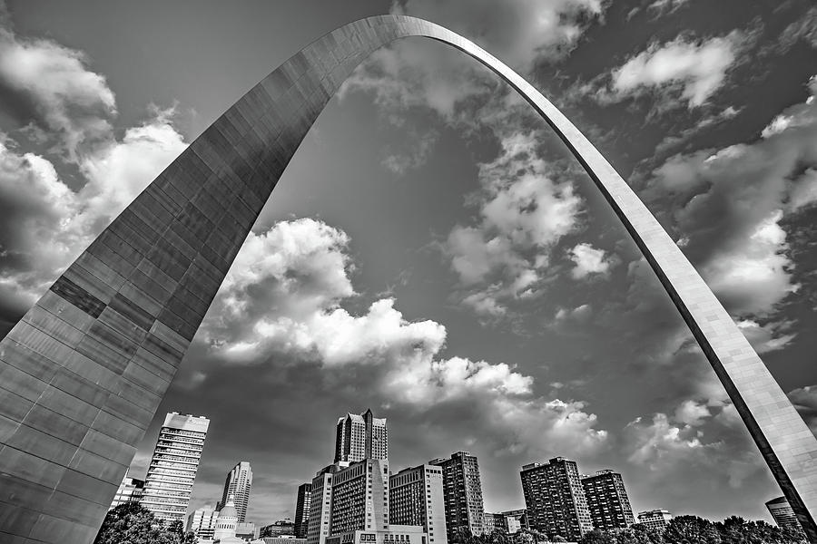 Gateway Arch and Saint Louis Skyline Sunrise - Black and White Photograph by Gregory Ballos