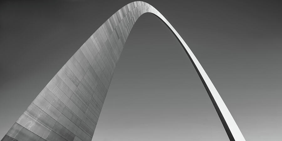 Black And White Photograph - Gateway Arch Architectural Monochrome Panorama by Gregory Ballos