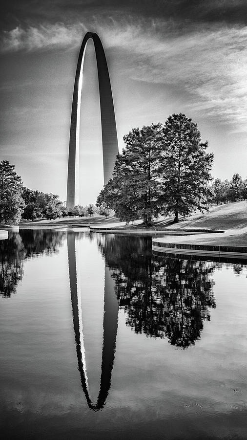 Gateway Arch Reflection - Black and White Photograph by Stephen Stookey