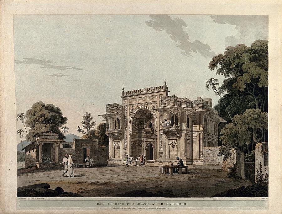 Gateway to a mosque, Chunar, Uttar Pradesh. Coloured aquatint by Thomas Daniell, 1797. Painting by Artistic Rifki