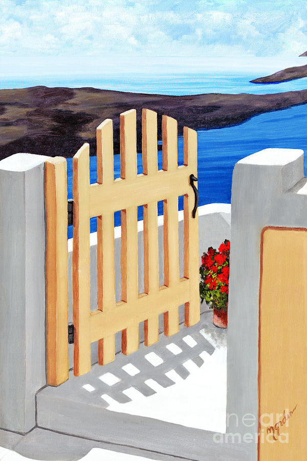 Greek Painting - GATEWAY TO SANTORINI- print of oil painting by Mary Grden