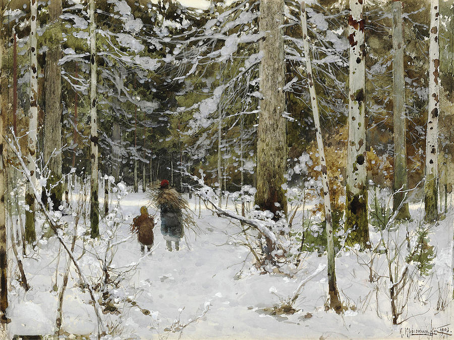Gathering branches in winter Drawing by Konstantin Yakovlevich Kryzhitsky