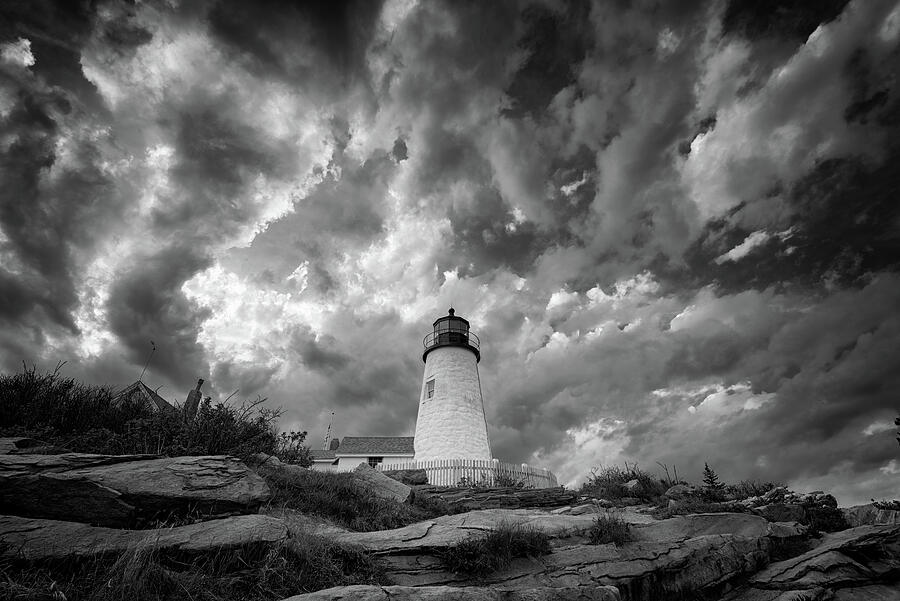 Sunset Photograph - Gathering Clouds at Pemaquid Point Black and White by Rick Berk